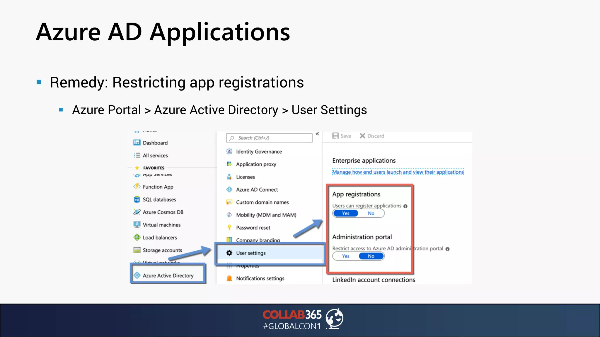 Azure AD Applications
▪ Remedy: Restricting app registrations
▪ Azure Portal > Azure Active Directory > User Settings
 