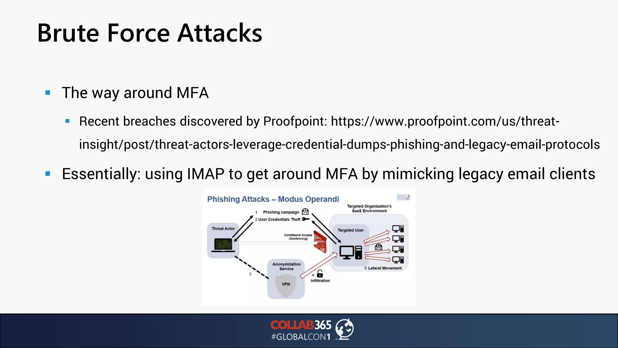 Brute Force Attacks
▪ The way around MFA
▪ Recent breaches discovered by Proofpoint: https://www.proofpoint.com/us/threat-
insight/post/threat-actors-leverage-credential-dumps-phishing-and-legacy-email-protocols
▪ Essentially: using IMAP to get around MFA by mimicking legacy email clients
 