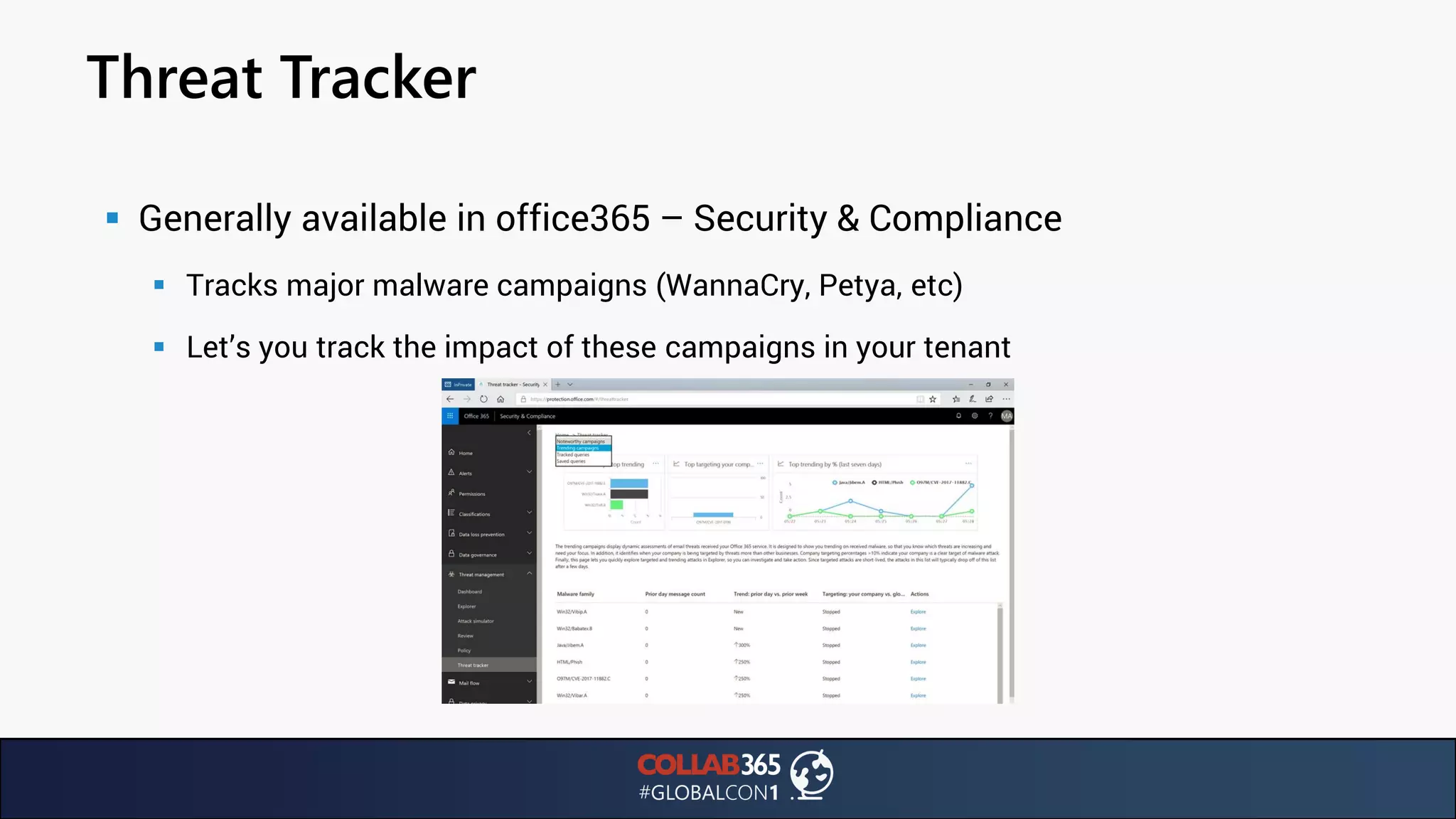 Threat Tracker
▪ Generally available in office365 – Security & Compliance
▪ Tracks major malware campaigns (WannaCry, Petya, etc)
▪ Let’s you track the impact of these campaigns in your tenant
 