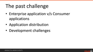WWW.COLLAB365.EVENTS
The past challenge
• Enterprise application v/s Consumer
applications
• Application distribution
• Development challenges
 