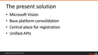WWW.COLLAB365.EVENTS
The present solution
• Microsoft Vision
• Base platform consolidation
• Central place for registration
• Unified APIs
 