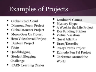 Examples of Projects
• Landmark Games
• Mystery Skype
• A Week in the Life Project
• K-2 Building Bridges
• Virtual Vacation
• Quest Atlantis
• Draw/Describe
• Crazy Crazes Project
• Edmodo Pen Pal Project
• Christmas Around the
World
• Global Read Aloud
• Diamond Poem Project
• Global Monster Project
• Moon Over Us Project
• Hero Voicethread Project
• Digiteen Project
• iVote
• Quadblogging
• Student Blogging
Challenge
• iEARN Learning Circles
 