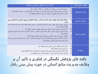 و 
ظایف منابع انسانی تاثیرات روند تکینگی در فناوری بر وظایف 
جذب و استخدام 
 سیستم های خبره می توانند این وظیفه را مستقلا به انجام رساند. 
 با توانمند سازی نیروی انسانی نیروی کار ماهر تر و توانمند تر بطور فراوان در دسترس خواهد بود. 
 آواتار ها بخش قابل توجهی از نیروی کار یدی را تشکیل خواهند داد. 
پاداش و دستمزد 
 سامانه های خبره اولویت های جدید و جذاب تر جهت انگیزش نیروی انسانی را شناسایی م ی 
کنند. 
آموزش و توسعه 
 ارزیابی نیروی انسانی جهت تبیین نیاز های آموزشی به سرویس هاای هوشامند و سیساتم هاای خباره 
واگذار خواهد گردید. 
 کار راهه برای نیروی انسانی توسط سیستم های هوشمند تبیین خواهد شد. 
 هزینه آموزش نیروی انسانی به طور چشم گیری کاهش و سرعت یادگیری به طور چشم گیاری افازایش 
خواهد یافت. 
 ظرفیت نیروی کار جهت یادگیری و مهارت آموزی افزایش خواهد یافت. 
 با توجه به انجام کار یدی توسط آواتار ها نیاز به نیروی کار ماهر در کار با سیستم های ساایبری و رایاناه 
ای به طور چشم گیری افزایش خواهد یافت. 
روابط کار 
 ساعت کار و وظایف نیروی انسانی شناور خواهد شد. 
 دور کاری توسعه خواهد یافت. 
 شبکه های اجتماعی مجازی نقش رابط تسهیل کر محیط کار را ایفا خواهند نمود. 
 افزایش چشم گیر شغل زدایی از خصوصیات این دوره خواهد بود. 
 