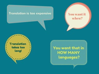 Translation is too expensive! 
Translation 
takes too 
long! 
You want it 
when? 
You want that in 
HOW MANY 
languages? 
 