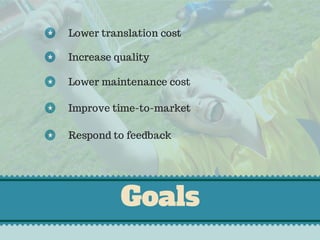 Lower translation cost
Increase quality
Lower maintenance cost
Improve time-to-market
Respond to feedback
Goals