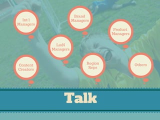 Talk
Product
Managers
Brand
Int'l Managers
Managers
Region
Reps
Content
Creators
L10N
Managers
Others