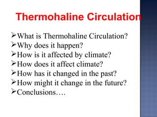 What is Thermohaline Circulation?
Why does it happen?
How is it affected by climate?
How does it affect climate?
How has it changed in the past?
How might it change in the future?
Conclusions….
Thermohaline Circulation
 