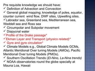 Pre requisite knowledge we should have:
 Definition of Advection and Convection
 General global mapping; knowledge of poles, equator,
counter current wind flow, DWF sites, Upwelling sites.
Labrador sea, Greenland sea, Mediterranean sea,
Weddell sea and Ross sea
 Circumpolar and Subpolar movement
 Diapycnal water
Profile of the Drake passage*
Ekman Layer and Transport (physics related)*
 Gyre and gyre circulation*
 Climate Models e.g., Global Climate Models GCMs,
Atlantic Meridional Over tuning Models (AMOs), Pacific
Meridional Over tuning Models (PMOs).
 Southern Oscillation Trends (El-Nino, La-Nina trends)
 NOAA observatories round the globe specially at
Mauna Loa, Hawaii
 