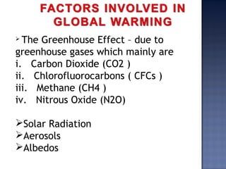  The Greenhouse Effect – due to
greenhouse gases which mainly are
i. Carbon Dioxide (CO2 )
ii. Chlorofluorocarbons ( CFCs )
iii. Methane (CH4 )
iv. Nitrous Oxide (N2O)
Solar Radiation
Aerosols
Albedos
 