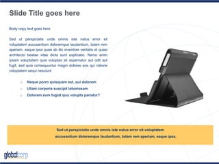 Slide Title goes here
Body copy text goes here
Sed ut perspiciatis unde omnis iste natus error sit
voluptatem accusantium doloremque laudantium, totam rem
aperiam, eaque ipsa quae ab illo inventore veritatis et quasi
architecto beatae vitae dicta sunt explicabo. Nemo enim
ipsam voluptatem quia voluptas sit aspernatur aut odit aut
fugit, sed quia consequuntur magni dolores eos qui ratione
voluptatem sequi nesciunt
o Neque porro quisquam est, qui dolorem
o Ullam corporis suscipit laboriosam
o Dolorem eum fugiat quo volupta pariatur?
Sed ut perspiciatis unde omnis iste natus error sit voluptatem
accusantium doloremque laudantium, totam rem aperiam, eaque ipsa.
 