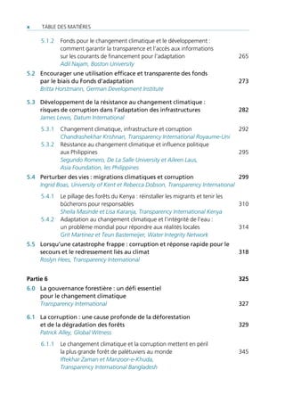 x    TAble des mATières

     5.1.2   Fonds pour le changement climatique et le développement :
             comment garantir la transparence et l’accès aux informations
             sur les courants de financement pour l’adaptation                        265
             Adil Najam, Boston University
5.2 Encourager une utilisation efficace et transparente des fonds
    par le biais du Fonds d’adaptation                                                273
    Britta Horstmann, German Development Institute

5.3 Développement de la résistance au changement climatique :
    risques de corruption dans l’adaptation des infrastructures                       282
    James Lewis, Datum International
     5.3.1   Changement climatique, infrastructure et corruption                      292
             Chandrashekhar Krishnan, Transparency International Royaume-Uni
     5.3.2   résistance au changement climatique et influence politique
             aux Philippines                                                          295
             Segundo Romero, De La Salle University et Aileen Laus,
             Asia Foundation, les Philippines
5.4 Perturber des vies : migrations climatiques et corruption                     299
    Ingrid Boas, University of Kent et Rebecca Dobson, Transparency International
     5.4.1   le pillage des forêts du Kenya : réinstaller les migrants et tenir les
             bûcherons pour responsables                                              310
             Sheila Masinde et Lisa Karanja, Transparency International Kenya
     5.4.2   Adaptation au changement climatique et l’intégrité de l’eau :
             un problème mondial pour répondre aux réalités locales                   314
             Grit Martinez et Teun Bastemeijer, Water Integrity Network
5.5 Lorsqu’une catastrophe frappe : corruption et réponse rapide pour le
    secours et le redressement liés au climat                                         318
    Roslyn Hees, Transparency International


Partie 6                                                                              325
6.0 La gouvernance forestière : un défi essentiel
    pour le changement climatique
    Transparency International                                                        327

6.1 La corruption : une cause profonde de la déforestation
    et de la dégradation des forêts                                                   329
    Patrick Alley, Global Witness
     6.1.1   le changement climatique et la corruption mettent en péril
             la plus grande forêt de palétuviers au monde                             345
             Iftekhar Zaman et Manzoor-e-Khuda,
             Transparency International Bangladesh
 