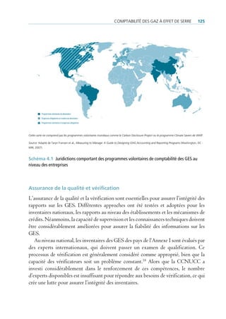 comptAbilité des gAz à effet de serre                            125




Cette carte ne comprend pas les programmes volontaires mondiaux comme le Carbon Disclosure Project ou le programme Climate Savers de WWF.

Source: Adapté de taryn fransen et al., Measuring to Manage: A Guide to Designing GHG Accounting and Reporting Programs (Washington, dc :
Wri, 2007).



Schéma 4.1 Juridictions comportant des programmes volontaires de comptabilité des GES au
niveau des entreprises




assurance de la qualité et vérification
L’assurance de la qualité et la vérification sont essentielles pour assurer l’intégrité des
rapports sur les GES. Différentes approches ont été testées et adoptées pour les
inventaires nationaux, les rapports au niveau des établissements et les mécanismes de
crédits. Néanmoins, la capacité de supervision et les connaissances techniques doivent
être considérablement améliorées pour assurer la fiabilité des informations sur les
GES.
   Au niveau national, les inventaires des GES des pays de l’Annexe I sont évalués par
des experts internationaux, qui doivent passer un examen de qualification. Ce
processus de vérification est généralement considéré comme approprié, bien que la
capacité des vérificateurs soit un problème constant.18 Alors que la CCNUCC a
investi considérablement dans le renforcement de ces compétences, le nombre
d’experts disponibles est insuffisant pour répondre aux besoins de vérification, ce qui
crée une lutte pour assurer l’intégrité des inventaires.
 
