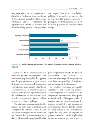 colombie      197

un groupe divers de parties prenantes ;            des citoyens dans les services d’utilité
d’améliorer l’utilisation des technologies         publique. Si les sociétés ont montré plus
de l’information à cet effet ; d’établir des       de responsabilité quant aux impacts et
politiques claires concernant la                   politiques environnementaux que pour
répartition des activités de direction ; et        les autres questions, les résultats restent
d’améliorer l’engagement et la supervision         mitigés.


     Contrôles volontaires                                                                68


           Règles claires                                           45


               Dialogue                                                         57


        Communication                                                          56


      Moyenne globale                                                           57

                             0   10       20       30        40       50        60       70


Schéma 4.5 Étude pilote de la transparence des sociétés de services d’utilité publique : résultats
comparés


L’évaluation de la communication a                 pour comprendre et prendre des décisions
révélé des résultats encourageants. Les            concernant leurs schémas de
sociétés ont préparé et publié des rapports        consommation, un problème qui pourrait
pour les parties prenantes, qui traitaient         contribuer à un gaspillage d’énergie et à
de gestion environnementale et des plans           une augmentation des émissions.
pour atténuer leurs impacts négatifs sur              Les résultats concernant les contrôles
l’environnement. De nombreux services              volontaires ont révélé un manque
d’utilité publique ont également publié            d’encouragement à la supervision des
des informations sur leur site web pour            citoyens par les entreprises. Alors que les
aider les consommateurs à mieux utiliser           sociétés font des efforts pour cultiver le
leurs services d’utilité publique.                 dialogue avec les parties prenantes, les
    Plus décourageant, cependant, était le         citoyens ont accès à peu de canaux pour
manque de clarté dans la tarification et           s’impliquer directement dans les sociétés
l’incapacité de certaines sociétés à aider         ou pour solliciter des informations
les clients à comprendre les contrats et           auprès des organismes de supervision
les factures. Les consommateurs sont               gouvernementaux.8 Une des implications
donc confrontés à davantage de difficultés         de cette situation est que, sans accès à ces
 