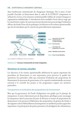 276      AdAptAtion Au chAngement climAtique

dans l’architecture internationale du changement climatique. Par le passé, il était
possible d’accéder au financement dans le cadre de la CCNUCC uniquement en
utilisant les services et les structures institutionnelles établies de certaines banques et
organisations multilatérales. L’introduction d’une modalité d’accès directe exige que
le conseil mette en place de nouveaux moyens de protection pour protéger l’utilisation
efficace des fonds. Pour cela, les politiques, les directives et les normes opérationnelles
qui ont été introduites par le conseil sont particulièrement importantes.

                                                                     Secrétariat

                   Conseil d’administration                         Accréditation
                   du Fonds d’adaptation (AFB)
                                                                                    Instruction du Conseil
                                                                        PPRC        d’administration
                                                                                    à l'administrateur
        Administrateur                                                  EFC
                                                                                    Flux ﬁnancier

                                                                                    Soumission de
                                                                                    proposition et contrat
                     MIE                                      NIE
                                                                                    Modalité d’accès direct

     Par ex. Entité      Par ex. Entité       Par ex. Entité    Par ex. Entité      Direct Access Modality


Source: Adapted from AFB/operation policies and guidelines.



Schéma 5.2 Structure institutionelle du Fonds d'adaptation


Directives et normes actuelles
Les directives et les normes opérationnelles définissent les aspects importants des
procédures de financement et sont importantes pour préserver la qualité des
opérations. En particulier, celles qui concernent l’évaluation des propositions de
financement, les processus de gouvernance et les capacités institutionnelles au niveau
national et le contrôle des projets et des programmes exigent une attention
particulière.

transparence et évaluation des propositions de financement
Bien que la gouvernance du Fonds d’adaptation soit guidée par le principe de
transparence, il existe relativement peu de dispositions spécifiques pour encourager
la transparence dans le processus de prise de décision en termes de propositions de
financement et de processus d’élaboration des propositions, de gestion des fonds et
des rapports en lien. Habituellement, la transparence est améliorée par deux approches
importantes : la participation des parties prenantes et la divulgation des informations.
 