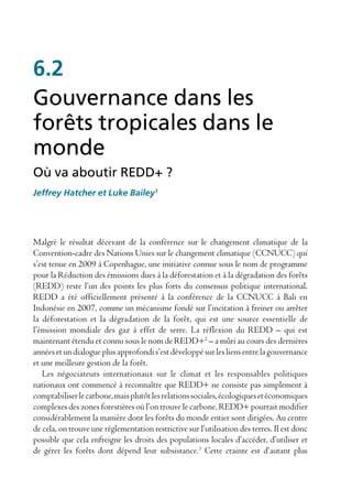 6.2
Gouvernance dans les
forêts tropicales dans le
monde
Où va aboutir REDD+ ?
Jeffrey Hatcher et Luke Bailey1




Malgré le résultat décevant de la conférence sur le changement climatique de la
Convention-cadre des Nations Unies sur le changement climatique (CCNUCC) qui
s’est tenue en 2009 à Copenhague, une initiative connue sous le nom de programme
pour la Réduction des émissions dues à la déforestation et à la dégradation des forêts
(REDD) reste l’un des points les plus forts du consensus politique international.
REDD a été officiellement présenté à la conférence de la CCNUCC à Bali en
Indonésie en 2007, comme un mécanisme fondé sur l’incitation à freiner ou arrêter
la déforestation et la dégradation de la forêt, qui est une source essentielle de
l’émission mondiale des gaz à effet de serre. La réflexion du REDD – qui est
maintenant étendu et connu sous le nom de REDD+2 – a mûri au cours des dernières
années et un dialogue plus approfondi s’est développé sur les liens entre la gouvernance
et une meilleure gestion de la forêt.
   Les négociateurs internationaux sur le climat et les responsables politiques
nationaux ont commencé à reconnaître que REDD+ ne consiste pas simplement à
comptabiliser le carbone, mais plutôt les relations sociales, écologiques et économiques
complexes des zones forestières où l’on trouve le carbone. REDD+ pourrait modifier
considérablement la manière dont les forêts du monde entier sont dirigées. Au centre
de cela, on trouve une réglementation restrictive sur l’utilisation des terres. Il est donc
possible que cela enfreigne les droits des populations locales d’accéder, d’utiliser et
de gérer les forêts dont dépend leur subsistance.3 Cette crainte est d’autant plus
 