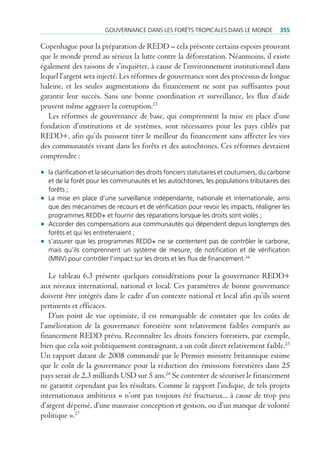 gouvernance Dans Les forêts tropicaLes Dans Le MonDe               355

Copenhague pour la préparation de REDD – cela présente certains espoirs prouvant
que le monde prend au sérieux la lutte contre la déforestation. Néanmoins, il existe
également des raisons de s’inquiéter, à cause de l’environnement institutionnel dans
lequel l’argent sera injecté. Les réformes de gouvernance sont des processus de longue
haleine, et les seules augmentations du financement ne sont pas suffisantes pour
garantir leur succès. Sans une bonne coordination et surveillance, les flux d’aide
peuvent même aggraver la corruption.23
   Les réformes de gouvernance de base, qui comprennent la mise en place d’une
fondation d’institutions et de systèmes, sont nécessaires pour les pays ciblés par
REDD+, afin qu’ils puissent tirer le meilleur du financement sans affecter les vies
des communautés vivant dans les forêts et des autochtones. Ces réformes devraient
comprendre :

• la clarification et la sécurisation des droits fonciers statutaires et coutumiers, du carbone
  et de la forêt pour les communautés et les autochtones, les populations tributaires des
  forêts ;
• La mise en place d’une surveillance indépendante, nationale et internationale, ainsi
  que des mécanismes de recours et de vérification pour revoir les impacts, réaligner les
  programmes reDD+ et fournir des réparations lorsque les droits sont violés ;
• accorder des compensations aux communautés qui dépendent depuis longtemps des
  forêts et qui les entretenaient ;
• s’assurer que les programmes reDD+ ne se contentent pas de contrôler le carbone,
  mais qu’ils comprennent un système de mesure, de notification et de vérification
  (Mnv) pour contrôler l’impact sur les droits et les flux de financement.24

   Le tableau 6.3 présente quelques considérations pour la gouvernance REDD+
aux niveaux international, national et local. Ces paramètres de bonne gouvernance
doivent être intégrés dans le cadre d’un contexte national et local afin qu’ils soient
pertinents et efficaces.
   D’un point de vue optimiste, il est remarquable de constater que les coûts de
l’amélioration de la gouvernance forestière sont relativement faibles comparés au
financement REDD prévu. Reconnaître les droits fonciers forestiers, par exemple,
bien que cela soit politiquement contraignant, a un coût direct relativement faible.25
Un rapport datant de 2008 commandé par le Premier ministre britannique estime
que le coût de la gouvernance pour la réduction des émissions forestières dans 25
pays serait de 2,3 milliards USD sur 5 ans.26 Se contenter de sécuriser le financement
ne garantit cependant pas les résultats. Comme le rapport l’indique, de tels projets
internationaux ambitieux « n’ont pas toujours été fructueux... à cause de trop peu
d’argent dépensé, d’une mauvaise conception et gestion, ou d’un manque de volonté
politique ».27
 