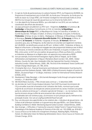 gouvernance Dans Les forêts tropicaLes Dans Le MonDe                     359

7.    il s’agit du fonds de partenariat pour le carbone forestier (fpcf), du programme un-reDD, du
      programme d’investissement pour la forêt (pif), du fonds pour l’amazonie, du fonds pour les
      forêts du bassin du congo (ffBc), de l’initiative norvégienne internationale forêts et climat
      (nicfi) et du groupe de travail des gouverneurs sur le climat et les forêts (gcf).
8.    L’un des objectifs du partenariat reDD+, qui a été établi en mai 2010, est une meilleure
      coordination des efforts des donateurs.
9.    Les pays participant actuellement au fpcf sont : l'argentine, la Bolivie, le cameroun, le
      Cambodge, la république centrafricaine, le chili, la colombie, la république
      démocratique du Congo (rDc), la république du congo, le costa rica, le salvador, la
      guinée équatoriale, l'Éthiopie, le gabon, le ghana, le guatemala, la guyane, le Honduras,
      l'Indonésie, le Kenya, le Laos, le Libéria , Madagascar, le Mexique, le Mozambique, le népal,
      le nicaragua, Panama, la Papouasie-Nouvelle-Guinée (png), le Paraguay, le pérou, le
      suriname, la tanzanie, la thaïlande, l'ouganda, le vanuatu, le Vietnam. noms en
      caractères gras, plus, les philippines, les Îles salomon et la Zambie sont également membres
      de l'un-reDD. Les bénéficiaires actuels du fip sont : le Brésil, la rDc, l'indonésie, le Maroc, le
      népal et la roumanie. La norvège est engagée dans des programmes bilatéraux avec le Brésil
      et la tanzanie, et cherche à étendre ses efforts vers l'indonésie, la guyane, le gabon et la
      png, entre autres. Le gcf est une coalition de gouverneurs d'États aux États-unis, au Brésil,
      en indonésie au Mexique et au nigéria selon une approche sous-nationale au reDD.
10.   voir par exemple, environmental investigation agency (eia) et telapak, Up for Grabs:
      Deforestation and Exploitation in Papua’s Plantations Boom (London: eia, 2009) ; global
      Witness, Country for Sale: How Cambodia’s Elite Has Captured the Country’s Extractive
      Industries (London: global Witness, 2009) ; rri, The End of the Hinterland: Forest Conflict and
      Climate Change (Washington, Dc: rri, 2010).
11.   christopher Barr et al., Financial Governance and Indonesia’s Reforestation Fund during the
      Soeharto and Post-Soeharto Periods, 1989–2009: A Political Economic Analysis of Lessons for
      REDD+, occasional paper n° 52 (Bogor, indonesia: center for international forestry research
      [cifor], 2010).
12.   Development Today (norvège), « un channels norwegian funds through corruption-tainted
      ministry », 31 décembre 2009.
13.   sBs World news australia, « png climate woes continue », 12 décembre 2009.
14.   Les données de l’outil climate analysis indicators tool (cait) fournissent les émissions de
      co2e annuelles issues de la foresterie et de l’utilisation des forêts, montrant que la vaste
      majorité de ces émissions de dioxyde de carbone proviennent du secteur forestier (une petite
      partie du carbone est émise par l’« utilisation agricole de l’énergie » – ex. les tracteurs). alors
      que les émissions de gaz à effet de serre provenant des cultures et du bétail sont
      considérables dans de nombreux pays, ces émissions ne sont presque que du méthane et du
      protoxyde d’azote. voir cait.wri.org/figures/World-flowchart.pdf.
15.   pour une discussion plus approfondie sur les notations des « indicateurs de gouvernance » de
      coface et de la Banque mondiale sur la gouvernance des pays reDD+, voir global Witness,
      Building Confidence in REDD: Monitoring beyond Carbon (London: global Witness, 2009).
16.   alan grainger, « Difficulties in tracking the Long-term global trend in tropical forest area »,
      Proceedings of the National Academy of Sciences of the USA, vol. 105 (2008), pp. 818–823.
17.   caucus d’accra sur les forêts et le changement climatique, Realizing Rights, Protecting
      Forests: An Alternative Vision for Reducing Deforestation (accra: accra caucus on forests and
      climate change, 2010).
 