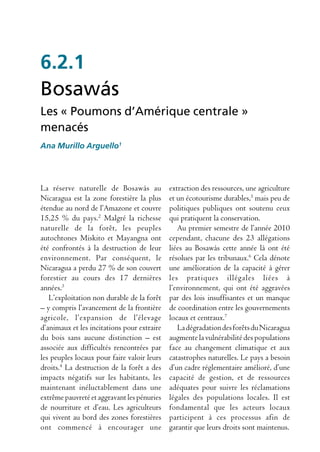 6.2.1
Bosawás
Les « Poumons d’Amérique centrale »
menacés
Ana Murillo Arguello1




La réserve naturelle de Bosawás au           extraction des ressources, une agriculture
Nicaragua est la zone forestière la plus     et un écotourisme durables,5 mais peu de
étendue au nord de l’Amazone et couvre       politiques publiques ont soutenu ceux
15,25 % du pays.2 Malgré la richesse         qui pratiquent la conservation.
naturelle de la forêt, les peuples              Au premier semestre de l’année 2010
autochtones Miskito et Mayangna ont          cependant, chacune des 23 allégations
été confrontés à la destruction de leur      liées au Bosawás cette année là ont été
environnement. Par conséquent, le            résolues par les tribunaux.6 Cela dénote
Nicaragua a perdu 27 % de son couvert        une amélioration de la capacité à gérer
forestier au cours des 17 dernières          les pratiques illégales liées à
années.3                                     l’environnement, qui ont été aggravées
   L’exploitation non durable de la forêt    par des lois insuffisantes et un manque
– y compris l’avancement de la frontière     de coordination entre les gouvernements
agricole, l’expansion de l’élevage           locaux et centraux.7
d’animaux et les incitations pour extraire      La dégradation des forêts du Nicaragua
du bois sans aucune distinction – est        augmente la vulnérabilité des populations
associée aux difficultés rencontrées par     face au changement climatique et aux
les peuples locaux pour faire valoir leurs   catastrophes naturelles. Le pays a besoin
droits.4 La destruction de la forêt a des    d’un cadre réglementaire amélioré, d’une
impacts négatifs sur les habitants, les      capacité de gestion, et de ressources
maintenant inéluctablement dans une          adéquates pour suivre les réclamations
extrême pauvreté et aggravant les pénuries   légales des populations locales. Il est
de nourriture et d’eau. Les agriculteurs     fondamental que les acteurs locaux
qui vivent au bord des zones forestières     participent à ces processus afin de
ont commencé à encourager une                garantir que leurs droits sont maintenus.
 