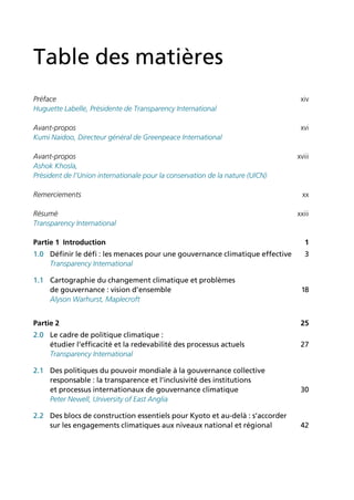 Table des matières
Préface                                                                         xiv
Huguette Labelle, Présidente de Transparency International

Avant-propos                                                                    xvi
Kumi Naidoo, Directeur général de Greenpeace International

Avant-propos                                                                   xviii
Ashok Khosla,
Président de l’Union internationale pour la conservation de la nature (UICN)

Remerciements                                                                    xx

Résumé                                                                         xxiii
Transparency International

Partie 1 Introduction                                                             1
1.0 Définir le défi : les menaces pour une gouvernance climatique effective       3
    Transparency International

1.1 Cartographie du changement climatique et problèmes
    de gouvernance : vision d’ensemble                                          18
    Alyson Warhurst, Maplecroft


Partie 2                                                                        25
2.0 Le cadre de politique climatique :
    étudier l’efficacité et la redevabilité des processus actuels               27
    Transparency International

2.1 Des politiques du pouvoir mondiale à la gouvernance collective
    responsable : la transparence et l’inclusivité des institutions
    et processus internationaux de gouvernance climatique                       30
    Peter Newell, University of East Anglia

2.2 Des blocs de construction essentiels pour Kyoto et au-delà : s’accorder
    sur les engagements climatiques aux niveaux national et régional            42
 