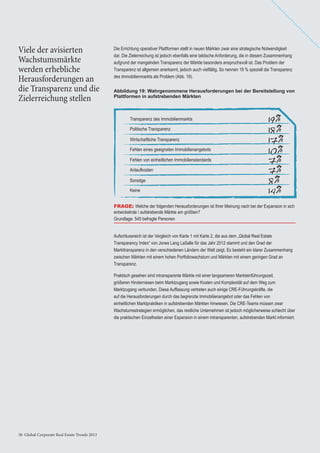 30 Global Corporate Real Estate Trends 201330 Global Corporate Real Estate Trends 2013
Viele der avisierten
Wachstumsmärkte
werden erhebliche
Herausforderungen an
die Transparenz und die
Zielerreichung stellen
Die Errichtung operativer Plattformen stellt in neuen Märkten zwar eine strategische Notwendigkeit
dar. Die Zielerreichung ist jedoch ebenfalls eine taktische Anforderung, die in diesem Zusammenhang
aufgrund der mangelnden Transparenz der Märkte besonders anspruchsvoll ist. Das Problem der
Transparenz ist allgemein anerkannt, jedoch auch vielfältig. So nennen 19 % speziell die Transparenz
des Immobilienmarkts als Problem (Abb. 19).
Abbildung 19: Wahrgenommene Herausforderungen bei der Bereitstellung von
Plattformen in aufstrebenden Märkten
FRAGE: Welche der folgenden Herausforderungen ist Ihrer Meinung nach bei der Expansion in sich
entwickelnde / aufstrebende Märkte am größten?
Grundlage: 545 befragte Personen
19%
18%
17%
10%
7%
7%
8%
14%
Transparenz des Immobilienmarkts
Politische Transparenz
Wirtschaftliche Transparenz
Fehlen eines geeigneten Immobilienangebots
Fehlen von einheitlichen Immobilienstandards
Anlaufkosten
Sonstige
Keine
Aufschlussreich ist der Vergleich von Karte 1 mit Karte 2, die aus dem „Global Real Estate
Transparency Index“ von Jones Lang LaSalle für das Jahr 2012 stammt und den Grad der
Markttransparenz in den verschiedenen Ländern der Welt zeigt. Es besteht ein klarer Zusammenhang
zwischen Märkten mit einem hohen Portfoliowachstum und Märkten mit einem geringen Grad an
Transparenz.
Praktisch gesehen sind intransparente Märkte mit einer langsameren Markteinführungszeit,
größeren Hindernissen beim Marktzugang sowie Kosten und Komplexität auf dem Weg zum
Marktzugang verbunden. Diese Auffassung vertreten auch einige CRE-Führungskräfte, die
auf die Herausforderungen durch das begrenzte Immobilienangebot oder das Fehlen von
einheitlichen Marktpraktiken in aufstrebenden Märkten hinwiesen. Die CRE-Teams müssen zwar
Wachstumsstrategien ermöglichen, das restliche Unternehmen ist jedoch möglicherweise schlecht über
die praktischen Einzelheiten einer Expansion in einem intransparenten, aufstrebenden Markt informiert.
 