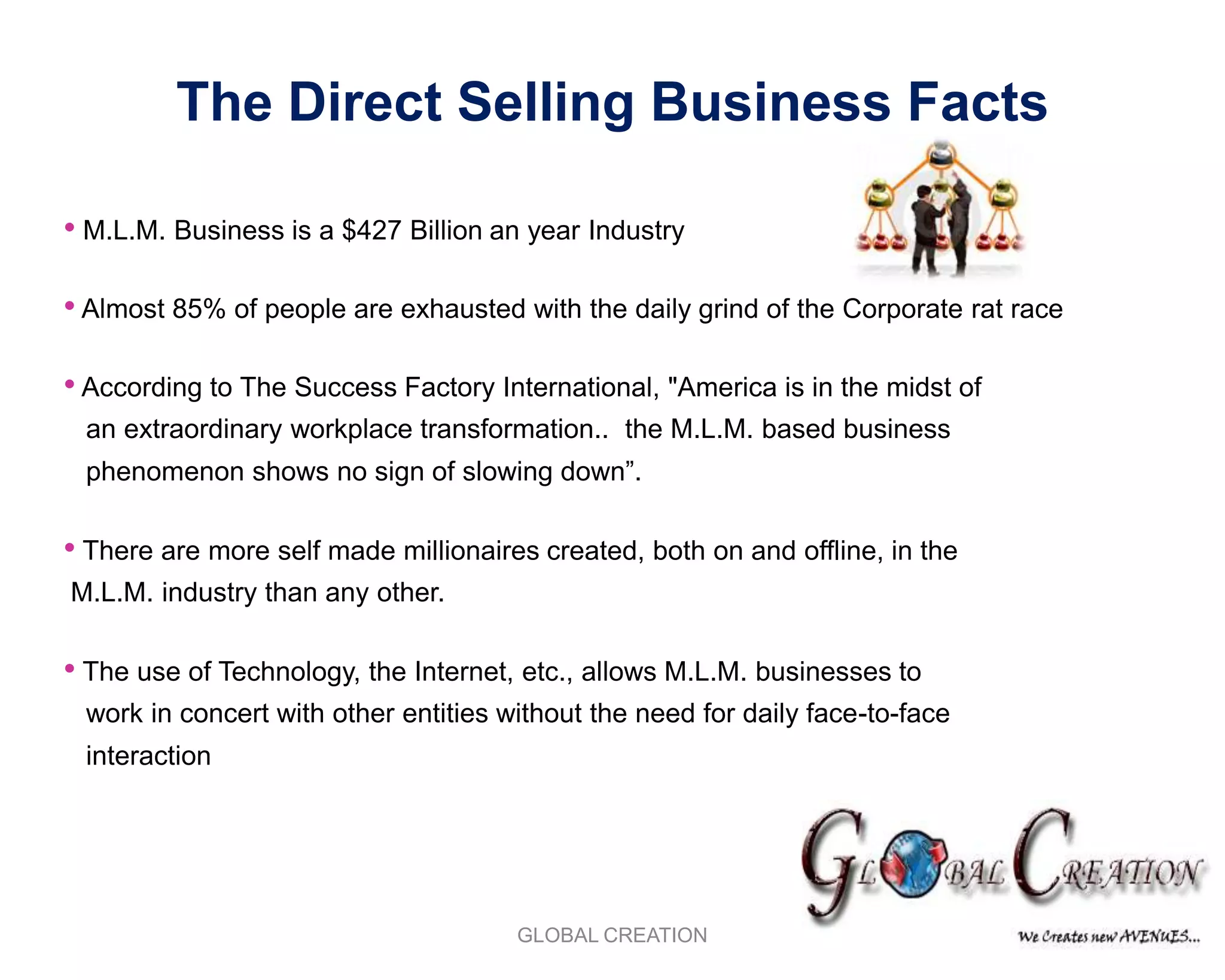 The Direct Selling Business Facts  M.L.M. Business is a $427 Billion an year Industry