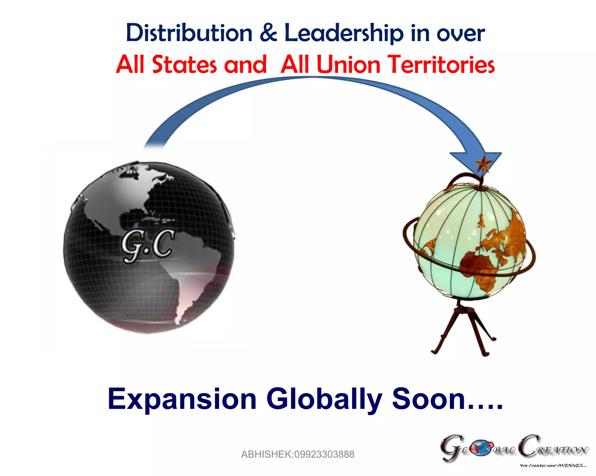 Distribution & Leadership in overAll States and  All Union TerritoriesExpansion Globally Soon….ABHISHEK:09923303888
