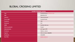 BLOBAL CROSSING LIMITED
GLOBAL CROSSING LIMITED
Tipo Sociedad Anónima NASDAQ: GLBC
ISIN BMG3921A1751
Industria Telecomunicaciones
Forma legal Sociedad limitada
Fundación 1997
Disolución 2011
SEDE Hamilthon, Bermuda
Área de operación Mundial
Administración John Legere, CEO
Productos Telefonía , internet
Ingresos 2536 mil millones US$(2009)
Empleados 5235(2009)
SitioWeb globalcrossing.com
 