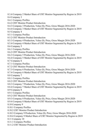 8.3.4 Company 2 Market Share of CRT Monitor Segmented by Region in 2019
8.4 Company 3
8.4.1 Company Profiles
8.4.2 CRT Monitor Product Introduction
8.4.3 Company 3 Production, Value ($), Price, Gross Margin 2016-2020
8.4.4 Company 3 Market Share of CRT Monitor Segmented by Region in 2019
8.5 Company 4
8.5.1 Company Profiles
8.5.2 CRT Monitor Product Introduction
8.5.3 Company 4 Production, Value ($), Price, Gross Margin 2016-2020
8.5.4 Company 4 Market Share of CRT Monitor Segmented by Region in 2019
8.6 Company 5
8.6.1 Company Profiles
8.6.2 CRT Monitor Product Introduction
8.6.3 Company 5 Production, Value ($), Price, Gross Margin 2016-2020
8.6.4 Company 5 Market Share of CRT Monitor Segmented by Region in 2019
8.7 Company 6
8.7.1 Company Profiles
8.7.2 CRT Monitor Product Introduction
8.7.3 Company 6 Production, Value ($), Price, Gross Margin 2016-2020
8.7.4 Company 6 Market Share of CRT Monitor Segmented by Region in 2019
8.8 Company 7
8.8.1 Company Profiles
8.8.2 CRT Monitor Product Introduction
8.8.3 Company 7 Production, Value ($), Price, Gross Margin 2016-2020
8.8.4 Company 7 Market Share of CRT Monitor Segmented by Region in 2019
8.9 Company 8
8.9.1 Company Profiles
8.9.2 CRT Monitor Product Introduction
8.9.3 Company 8 Production, Value ($), Price, Gross Margin 2016-2020
8.9.4 Company 8 Market Share of CRT Monitor Segmented by Region in 2019
8.10 Company 9
8.10.1 Company Profiles
8.10.2 CRT Monitor Product Introduction
8.10.3 Company 9 Production, Value ($), Price, Gross Margin 2016-2020
8.10.4 Company 9 Market Share of CRT Monitor Segmented by Region in 2019
8.11 Company 10
8.11.1 Company Profiles
8.11.2 CRT Monitor Product Introduction
 