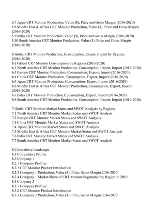 5.7 Japan CRT Monitor Production, Value ($), Price and Gross Margin (2016-2020)
5.8 Middle East & Africa CRT Monitor Production, Value ($), Price and Gross Margin
(2016-2020)
5.9 India CRT Monitor Production, Value ($), Price and Gross Margin (2016-2020)
5.10 South America CRT Monitor Production, Value ($), Price and Gross Margin
(2016-2020)
6 Global CRT Monitor Production, Consumption, Export, Import by Regions
(2016-2020)
6.1 Global CRT Monitor Consumption by Regions (2016-2020)
6.2 North America CRT Monitor Production, Consumption, Export, Import (2016-2020)
6.3 Europe CRT Monitor Production, Consumption, Export, Import (2016-2020)
6.4 China CRT Monitor Production, Consumption, Export, Import (2016-2020)
6.5 Japan CRT Monitor Production, Consumption, Export, Import (2016-2020)
6.6 Middle East & Africa CRT Monitor Production, Consumption, Export, Import
(2016-2020)
6.7 India CRT Monitor Production, Consumption, Export, Import (2016-2020)
6.8 South America CRT Monitor Production, Consumption, Export, Import (2016-2020)
7 Global CRT Monitor Market Status and SWOT Analysis by Regions
7.1 North America CRT Monitor Market Status and SWOT Analysis
7.2 Europe CRT Monitor Market Status and SWOT Analysis
7.3 China CRT Monitor Market Status and SWOT Analysis
7.4 Japan CRT Monitor Market Status and SWOT Analysis
7.5 Middle East & Africa CRT Monitor Market Status and SWOT Analysis
7.6 India CRT Monitor Market Status and SWOT Analysis
7.7 South America CRT Monitor Market Status and SWOT Analysis
8 Competitive Landscape
8.1 Competitive Profile
8.2 Company 1
8.2.1 Company Profiles
8.2.2 CRT Monitor Product Introduction
8.2.3 Company 1 Production, Value ($), Price, Gross Margin 2016-2020
8.2.4 Company 1 Market Share of CRT Monitor Segmented by Region in 2019
8.3 Company 2
8.3.1 Company Profiles
8.3.2 CRT Monitor Product Introduction
8.3.3 Company 2 Production, Value ($), Price, Gross Margin 2016-2020
 