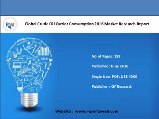 Global Crude Oil Carrier Consumption 2016 Market Research Report
Website : www.reportsweb.com
No of Pages: 159
Published: June 2016
Single User PDF: US$ 4000
Publisher : QY Research
 