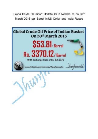 Global Crude Oil Import Update for 3 Months as on 30th
March 2015 per Barrel in US Dollar and India Rupee
 