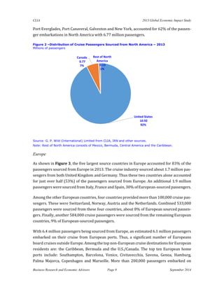 CLIA 2013 Global Economic Impact Study 
Business Research and Economic Advisors Page 9 September 2014 
Port Everglades, Port Canaveral, Galveston and New York, accounted for 62% of the passen- ger embarkations in North America with 6.77 million passengers. 
Figure 2 –Distribution of Cruise Passengers Sourced from North America – 2013 
Millions of passengers 
Source: G. P. Wild (International) Limited from CLIA, IRN and other sources. 
Note: Rest of North America consists of Mexico, Bermuda, Central America and the Caribbean. 
Europe 
As shown in Figure 3, the five largest source countries in Europe accounted for 83% of the passengers sourced from Europe in 2013. The cruise industry sourced about 1.7 million pas- sengers from both United Kingdom and Germany. Thus these two countries alone accounted for just over half (53%) of the passengers sourced from Europe. An additional 1.9 million passengers were sourced from Italy, France and Spain, 30% of European-sourced passengers. 
Among the other European countries, four countries provided more than 100,000 cruise pas- sengers. These were Switzerland, Norway, Austria and the Netherlands. Combined 533,000 passengers were sourced from these four countries, about 8% of European sourced passen- gers. Finally, another 584,000 cruise passengers were sourced from the remaining European countries, 9% of European-sourced passengers. 
With 6.4 million passengers being sourced from Europe, an estimated 6.1 million passengers embarked on their cruise from European ports. Thus, a significant number of Europeans board cruises outside Europe. Among the top non-European cruise destinations for European residents are: the Caribbean, Bermuda and the U.S./Canada. The top ten European home ports include: Southampton, Barcelona, Venice, Civitavecchia, Savona, Genoa, Hamburg, Palma Majorca, Copenhagen and Marseille. More than 200,000 passengers embarked on 
United States10.92 92% 
Canada0.77 7% 
Rest of North America0.13 1%  