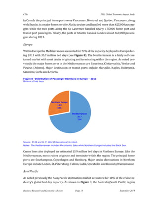 CLIA 2013 Global Economic Impact Study 
Business Research and Economic Advisors Page 15 September 2014 
In Canada the principal home ports were Vancouver, Montreal and Quebec. Vancouver, along with Seattle, is a major home port for Alaska cruises and handled more than 625,000 passen- gers while the two ports along the St. Lawrence handled nearly 175,000 home port and transit port passengers. Finally, the ports of Atlantic Canada handled about 660,000 passen- gers during 2013. 
Europe 
Within Europe the Mediterranean accounted for 72% of the capacity deployed in Europe dur- ing 2013 with 35.7 million bed days (see Figure 8). The Mediterranean is a fairly self-con- tained market with most cruise originating and terminating within the region. As noted pre- viously the major home ports in the Mediterranean are Barcelona, Civitavecchia, Venice and Piraeus (Athens). Major destination or transit ports include Marseille, Naples, Dubrovnik, Santorini, Corfu and Livorno. 
Figure 8 –Distribution of Passenger Bed Days in Europe – 2013 
Millions of bed days 
Source: CLIA and G. P. Wild (International) Limited. 
Notes: The Mediterranean includes the Atlantic Isles while Northern Europe includes the Black Sea. 
Cruise lines also deployed an estimated 13.9 million bed days in Northern Europe. Like the Mediterranean, most cruises originate and terminate within the region. The principal home ports are Southampton, Copenhagen and Hamburg. Major cruise destinations in Northern Europe include Lisbon, St. Petersburg, Tallinn, Cadiz, Stockholm and Rostock/Warnemunde. 
Asia/Pacific 
As noted previously the Asia/Pacific destination market accounted for 10% of the cruise in- dustry’s global bed day capacity. As shown in Figure 9, the Australia/South Pacific region 
Mediterranean35.772% 
Northern Europe13.928%  