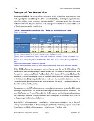 CLIA 2013 Global Economic Impact Study 
Business Research and Economic Advisors Page 18 September 2014 
Passenger and Crew Onshore Visits 
As shown in Table 4, the cruise industry generated nearly 115 million passenger and crew visit days at ports around the globe. These consisted of 21.32 million passenger embarka- tions, 71.8 million transit passenger visit days and 21.75 million crew visit days. European ports accounted for 36% of these while ports throughout North America accounted for 51% of global passenger and crew visit days. 
Table 4–Passenger and Crew Onshore Visits – Global and Regional Markets – 2013 
Millions of Visit Days Category Global Regional Markets United States① Rest of North America② Europe (EU+3)③ Australia④ Rest of World⑤ Passenger Embarkations 21.31 9.96 1.39 6.05 1.23 2.68 Transit Passengers 71.80 5.44 30.40 28.66 0.72 6.58 Crew 21.75 6.55 5.08 6.15 0.29 3.68 Total 114.86 21.95 36.87 40.86 2.24 12.94 
① United States consists of all US ports including those in Alaska and Hawaii. 
② Rest of North America consists of ports in Bermuda, Canada, the Caribbean, Central America and Mex- ico. 
③Europe EU+3 includes the ports of the 27 member states of the EU plus Iceland, Norway and Switzer- land. 
④ Australia consists solely of the ports in Australia. 
⑤ Rest of the World consists of ports in South America, Asia and the South Pacific, excluding Australia. 
Of the 21.31 million cruise passengers sourced from around the world, 9.96 million, 47%, embarked on their cruise from a port in the United States. Of these 62% boarded cruises from Florida’s five cruise ports, Miami, Port Everglades, Port Canaveral, Tampa and Jacksonville. Another 1.39 million passengers, 6% of the global total, embarked on cruises from other ports in North America. The principal embarkation ports were San Juan in the Caribbean and Van- couver in Canada. Combined these two ports accounted for nearly 75% of embarkations at the other ports in North America. 
European ports with 6.05 million passenger embarkations accounted for another 28% global passenger embarkations. The major embarkation ports in Europe included Barcelona, Civi- tavecchia, Venice and Piraeus (Athens) in the Mediterranean and Southampton, Copenhagen and Hamburg in northern Europe. Combined, these seven ports accounted for more than half of the passenger embarkations in Europe. 
A total of 1.23 million passengers embarked on cruises at Australian ports, 6% of the total. Sydney accounted for 82% of these. Finally, the ports in the remaining regions (Rest of the World) generated 2.68 million passenger embarkations, 13% of the total.  