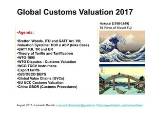 Global Customs Valuation 2017
•Agenda:
•Bretton Woods, ITO and GATT Art. VII;
•Valuation Systems: BDV e ASP (Nike Case)
•GATT KR, TR and UR
•Theory of Tariffs and Tariffication
•WTO 1995
•WTO Disputes - Customs Valuation
•WCO TCCV Instrumens
•Export tariffs
•G20/OECD BEPS
•Global Value Chains (GVCs)
•EU UCC Customs Valuation
•China OBOR (Customs Procedures)
Hokusai (1760-1849)
36 Views of Mount Fuji
August, 2017 - Leonardo Macedo - Leonardo.Macedobr@gmail.com / https://www.linkedin.com/in/macedoleo/
 