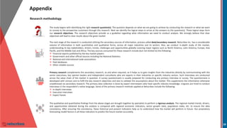 Appendix
10
Research methodology
The study begins with identifying the right research question(s). The question depends on what we are going to achieve by conducting the research or what we want
to convey to the prospective customers through this research. Next we identify the logical steps to arrive at the answers to the question(s). These logical steps form
our research objectives. The research objectives provide us a guideline regarding what information we need to conduct analysis. We strongly believe that clear
objectives will lead to clear results about the given market
The next stage of the research is conducted utilizing the secondary sources of information, process called desk/secondary research. Netscribes Inc. has a considerable
volume of information in both quantitative and qualitative forms, across all major industries and its sectors. Also, we conduct in-depth study of the market,
understanding its key stakeholders, drivers, trends, challenges and opportunities globally covering major regions such as North America, Latin America, Europe, Asia
Pacific, and the Middle East and Africa. The key sources consumed for these research include (but not limited to) the following:
 Financial reports published by the key market players
 Government and other official sources including the National Statistics
 National and International trade associations
 Paid databases
 Other reliable sources
The qualitative and quantitative findings from the above stages are brought together by specialists to perform a rigorous analysis. The regional market trends, drivers,
and opportunities obtained during the analysis is compared with regional economic indicators, sector growth rates, population index, etc. to ensure the data
consistency. After ensuring the consistency, these historical and present indicators help us to understand how the market will perform in future. Our proprietary
forecasting model factors in all these indicators to predict the future market accurately.
Primary research complements the secondary research, as and when required, as it helps us to gain insights from the industries directly by communicating with the
senior executives, key opinion leaders and independent consultants who are experts in their industries or specific industry sectors. Such interviews are conducted
across the value chain of the market in question. A survey questionnaire is usually prepared for conducting any primary interview or survey. The questionnaire is
developed with utmost care to fulfil the key research objectives and also to validate the assumptions about the market. This supplements the information otherwise
unaddressed via secondary research. The primary data collection is done by expert interviewers who have specific industry knowledge. Linguists are hired to conduct
interviews in the respondent’s native language. Some of the primary research methods applied at Netscribes include the following:
 In-depth Interviews
 Executive Interviews
 Expert Panels
 