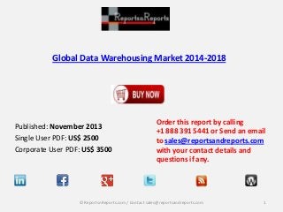 Global Data Warehousing Market 2014-2018

Published: November 2013
Single User PDF: US$ 2500
Corporate User PDF: US$ 3500

Order this report by calling
+1 888 391 5441 or Send an email
to sales@reportsandreports.com
with your contact details and
questions if any.

© ReportsnReports.com / Contact sales@reportsandreports.com

1

 