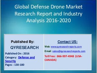 Global Defense Drone Market
Research Report and Industry
Analysis 2016-2020
Published By:
QYRESEARCH
Published On : 2016
Category: Defense and
Security
Pages : 130-180
Contact US:
Web: www.qyresearchreports.com
Email: sales@qyresearchreports.com
Toll Free : 866-997-4948 (USA-
CANADA)
 