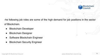Copyright © Blockchain Council www.blockchain-council.org
The following job roles are some of the high demand for job positions in the sector
of Blockchain.
● Blockchain Developer
● Blockchain Designer
● Software Blockchain Engineer
● Blockchain Security Engineer
10
 