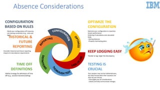 KEEP LOGGING EASY
•Harder to log, larger the discrepancy
TESTING IS
CRUCIAL
Your workers may not be mathematicians,
but they’ll know when their vacations are
short by one minute.
‒Thoroughly test all considerations
--Clearly and fully communicate changes
HISTORICAL &
FUTURE
REPORTING
•Consider historical and future reporting
impacts to new absence requirements
TIME OFF
DEFINITIONS
•Define strategy for definitions of Time
Off (e.g., vacation donation/selling)
OPTIMIZE THE
CONFIGURATION
Optimize your configuration to maximize
tenant performance
Ordering of calculations and calculated
fields
‒Storing balances
‒Properly inactivating plans
CONFIGURATION
BASED ON RULES
•Build your configurations off instances,
not naming convention (e.g., rules and
logic)
Absence Considerations
 