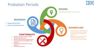 Probation Periods
BUSINESS CASE
• Probation period is a defined period
of time that allows both employee
and employer to see if they are a
good fit.
• Allows customers to track defined
probationary periods that are
country-wide or company-defined
.
RESOURCES
FUNCTIONALITY
• Maintain localization settings: staffing
• Manage probation period
• Maintain probation period types/reasons
• Create probation period eligibility rules
(optional)
• Maintain probation period for country
(optional)
• Probation period alerts
.
REGIONS
APAC,EMEA,NA (Australia, Canada and UK).
• Manage Probation Periods
• Review and End Probation Periods
 