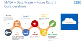 EMEA – Data Purge – Purge Report
Considerations
FIELD
Use the “person was purged:
report field to select only
prospects/candidates attached
to purged workers
TAGGING
Must be tagged as
“purge”
DATA SOURCE
Data Source: Worker,
former worker, or
prospects and candidates
for purging.
ACCESS
The processing user must
have unconstrained access
to all secured items in the
report
PROMPTS
Cannot have any prompts
TYPE OF
REPORT
Must be an advanced
report
 