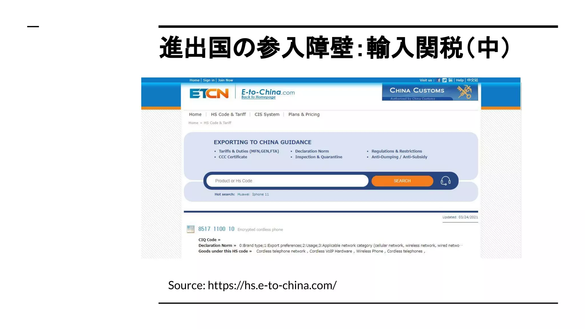 進出国の参入障壁：輸入関税（中）
Source: https://hs.e-to-china.com/
 