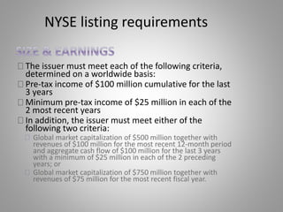 NYSE listing requirements 
The issuer must meet each of the following criteria, 
determined on a worldwide basis: 
Pre-tax income of $100 million cumulative for the last 
3 years 
Minimum pre-tax income of $25 million in each of the 
2 most recent years 
In addition, the issuer must meet either of the 
following two criteria: 
Global market capitalization of $500 million together with 
revenues of $100 million for the most recent 12-month period 
and aggregate cash flow of $100 million for the last 3 years 
with a minimum of $25 million in each of the 2 preceding 
years; or 
Global market capitalization of $750 million together with 
revenues of $75 million for the most recent fiscal year. 
 