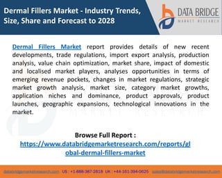databridgemarketresearch.com US : +1-888-387-2818 UK : +44-161-394-0625 sales@databridgemarketresearch.com
1
Dermal Fillers Market - Industry Trends,
Size, Share and Forecast to 2028
Dermal Fillers Market report provides details of new recent
developments, trade regulations, import export analysis, production
analysis, value chain optimization, market share, impact of domestic
and localised market players, analyses opportunities in terms of
emerging revenue pockets, changes in market regulations, strategic
market growth analysis, market size, category market growths,
application niches and dominance, product approvals, product
launches, geographic expansions, technological innovations in the
market.
Browse Full Report :
https://www.databridgemarketresearch.com/reports/gl
obal-dermal-fillers-market
 