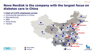 Novo Nordisk Capital Markets Day

5 May 2011

Slide no 41

Novo Nordisk is the company with the largest focus on
diabetes care in China
A
•
•
•
•
•

total of 3,375 employees across
Commercial operations in China
Manufacturing
R&D
Hong Kong
Taiwan

Heilongjiang
Jilin
Xinjiang

Tibet

Liaoning
Beijing
Shenyang
Tianjing
Hebei
Ningxia
Qinghai
Shanxi
Jinan
Shandong
Shanxi Henan
Jiangsu Shanghai
Hubei
Chongqing
Anhui
Sichuan
Wuhan
Zhejiang
Guizhou Hunan Jiangxi
Gansu

Yunnan

Inner Mongolia

Fujian

Guangxi

Guangzhou Taiwan

Guangdong
Branch Office
Frontiers

Changchun

Hainan

Hong Kong

 