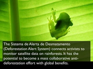 The Sistema de Alerta de Desmatamento
(Deforestation Alert System) connects activists to
monitor satellite data on rainforests. It has the
potential to become a mass collaborative anti-
deforestation effort with global benefits.
 