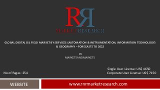 GLOBAL DIGITAL OIL FIELD MARKET BY SERVICES (AUTOMATION & INSTRUMENTATION, INFORMATION TECHNOLOGY)
& GEOGRAPHY – FORECASTS TO 2022
BY
MARKETSANDMARKETS
www.rnrmarketresearch.comWEBSITE
Single User License: US$ 4650
No of Pages: 254 Corporate User License: US$ 7150
 