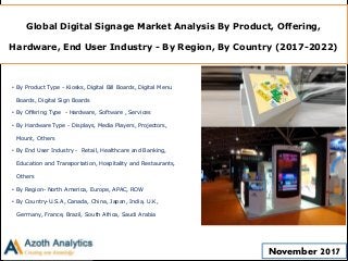 Global Digital Signage Market Analysis By Product, Offering,
Hardware, End User Industry - By Region, By Country (2017-2022)
• By Product Type - Kiosks, Digital Bill Boards, Digital Menu
Boards, Digital Sign Boards
• By Offering Type - Hardware, Software , Services
• By Hardware Type - Displays, Media Players, Projectors,
Mount, Others
• By End User Industry - Retail, Healthcare and Banking,
Education and Transportation, Hospitality and Restaurants,
Others
• By Region- North America, Europe, APAC, ROW
• By Country-U.S.A, Canada, China, Japan, India, U.K,
Germany, France, Brazil, South Africa, Saudi Arabia
November 2017
 