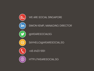 WE ARE SOCIAL SINGAPORE
SIMON KEMP, MANAGING DIRECTOR
@WEARESOCIALSG
SAYHELLO@WEARESOCIAL.SG
+65 6423 1051
HTTP://WEARESOC...
